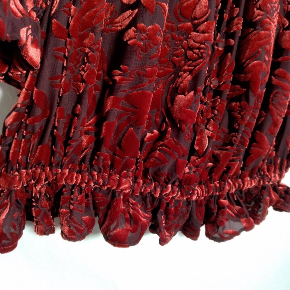 Free People Velveteen Dream Shirt S Red Floral Velour Crop Peasant Ruffle V Neck - Picture 9 of 16